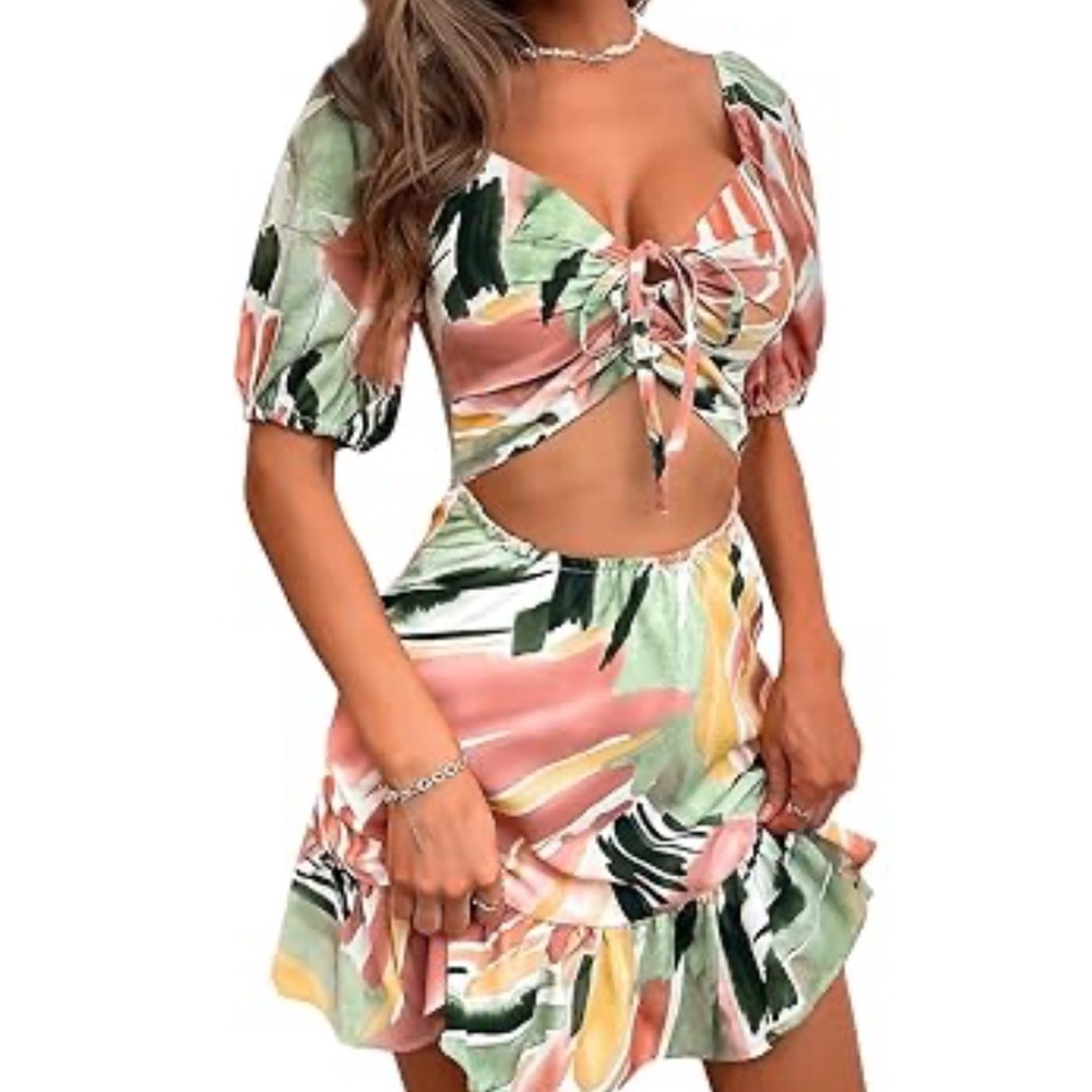 SHEIN mini dress green and peach pattern dress in medium.
